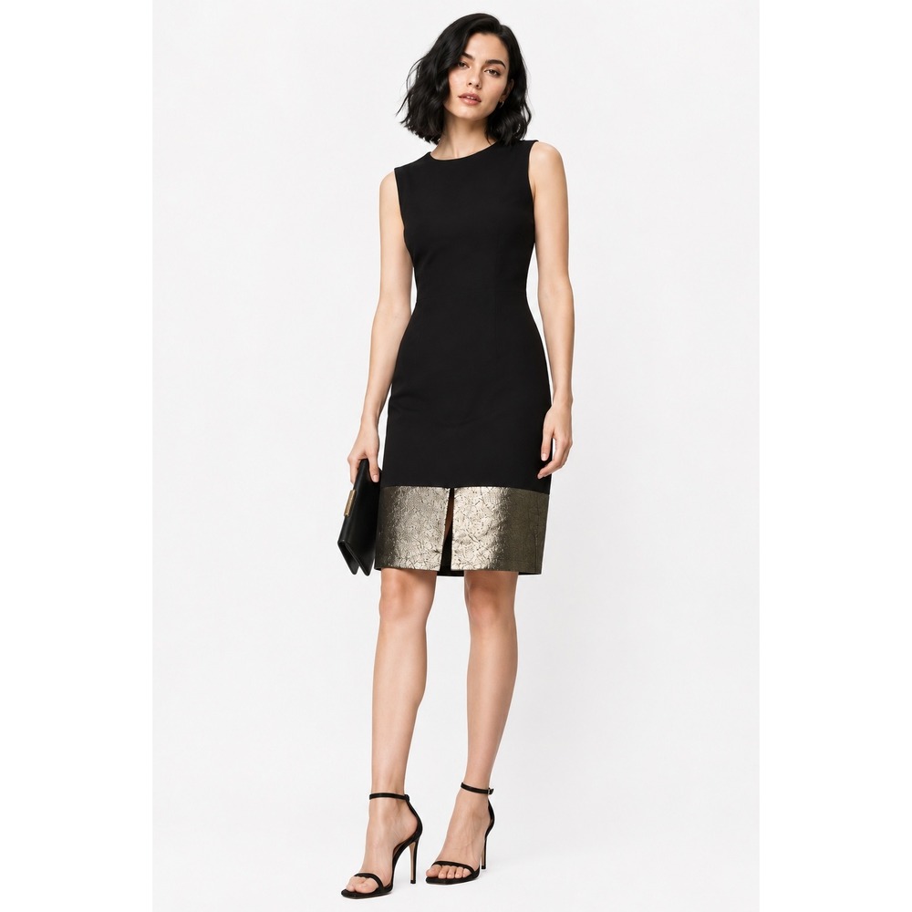 Diane Von Furstenberg Black Gold Metallic Hem Sleeveless Sheath Cocktail Dress 2